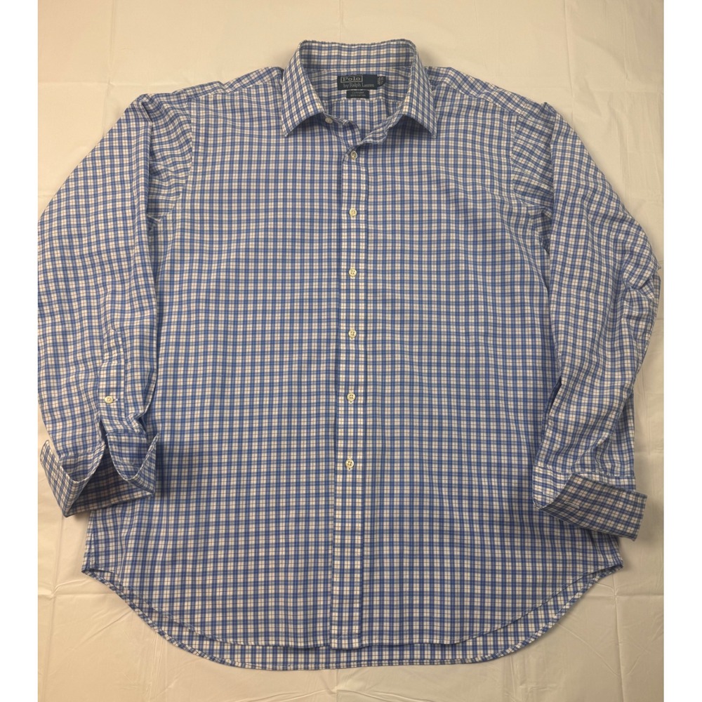 Polo Ralph Lauren Mens 17.5‎ 34/35 Blue White Check Cotton Button Down Shirt